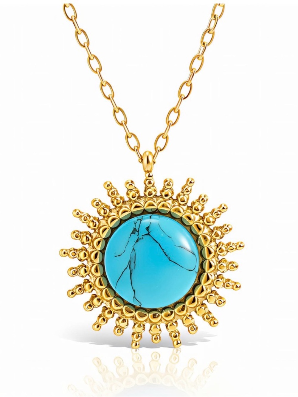 Sunburst 18K Gold Plated Stainless Steel Necklace with Turquoise Stone